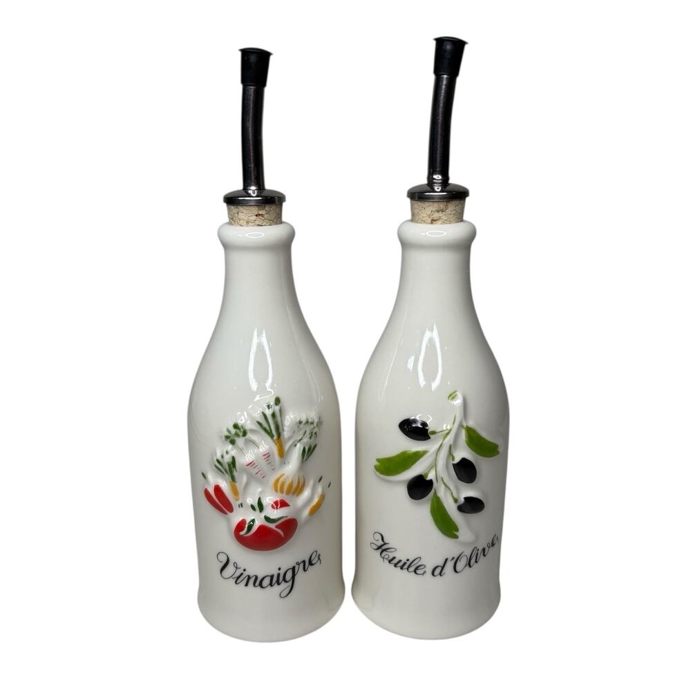 Revol France Porcelain Oil & Vinegar Cruet Set Dispenser Hand Painted Set Of 2